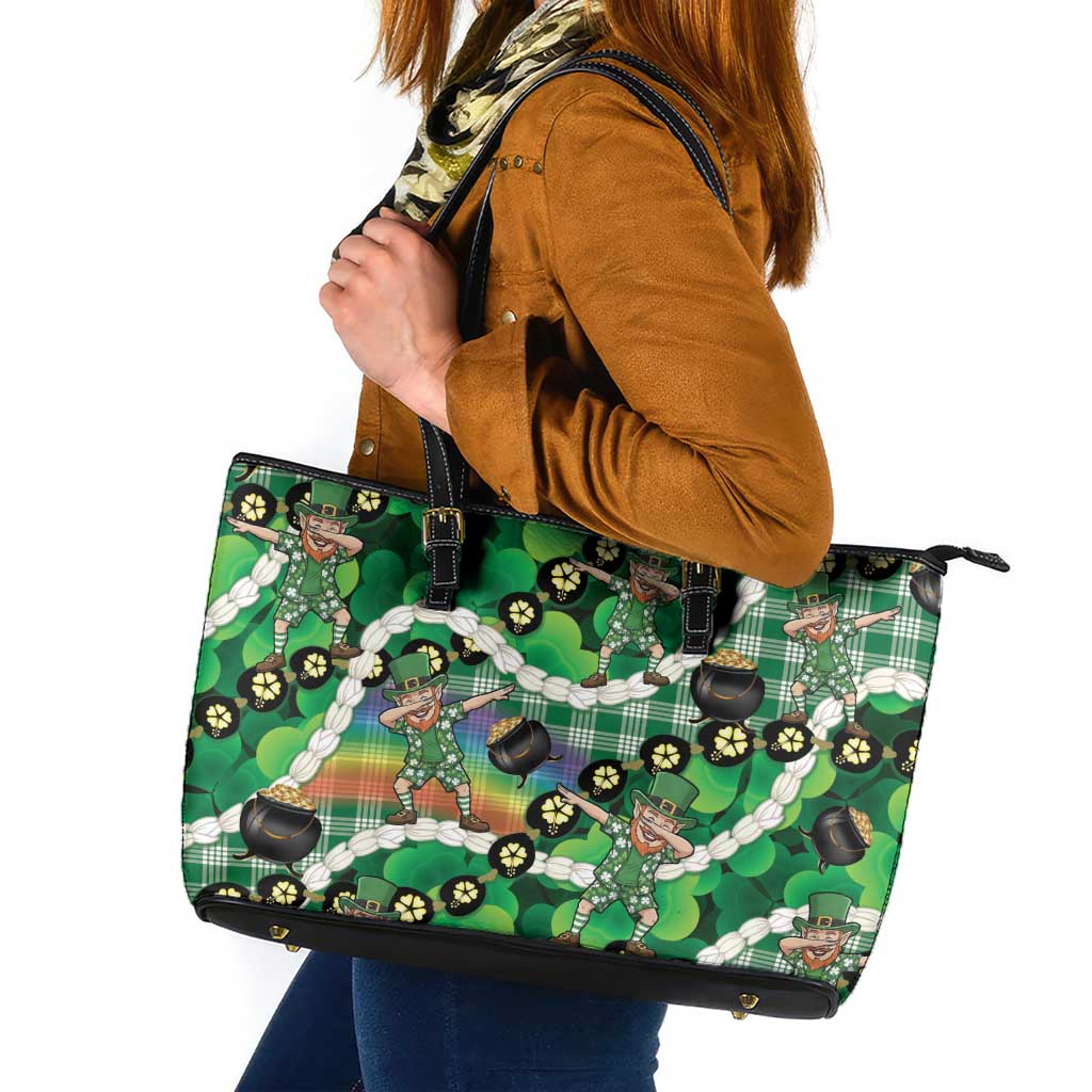 St Patrick's Day Palaka Hawaii Leather Tote Bag Kukui Nut Pikake Lei Shamrock Dabbing Leprechaun