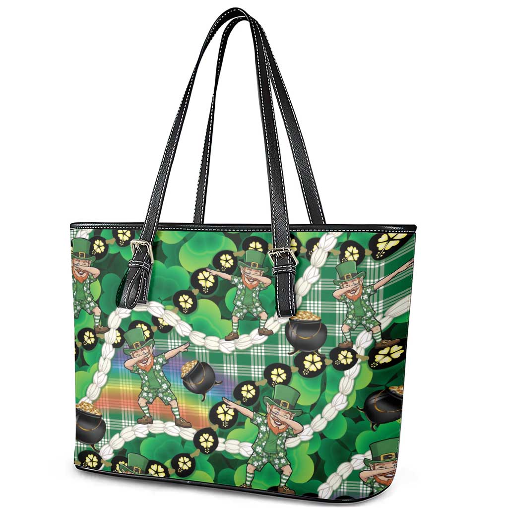 St Patrick's Day Palaka Hawaii Leather Tote Bag Kukui Nut Pikake Lei Shamrock Dabbing Leprechaun