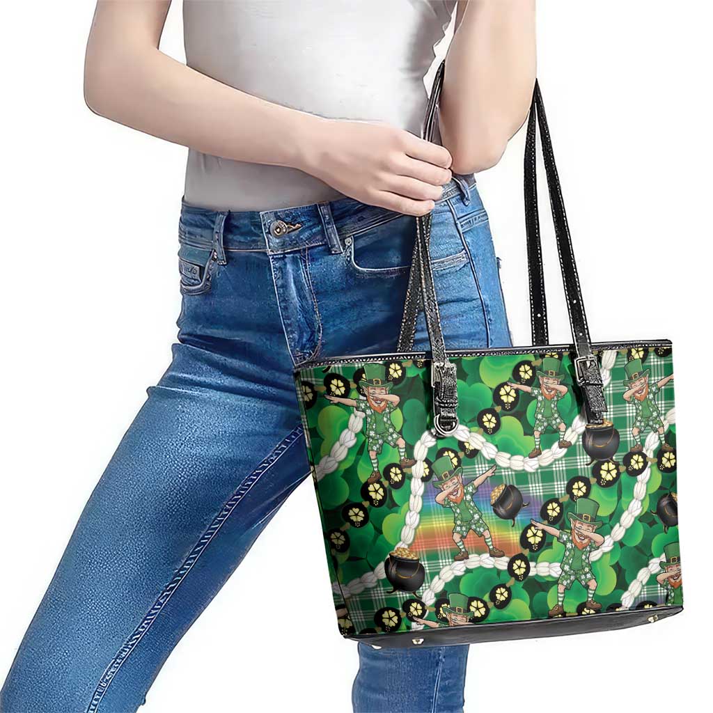 St Patrick's Day Palaka Hawaii Leather Tote Bag Kukui Nut Pikake Lei Shamrock Dabbing Leprechaun