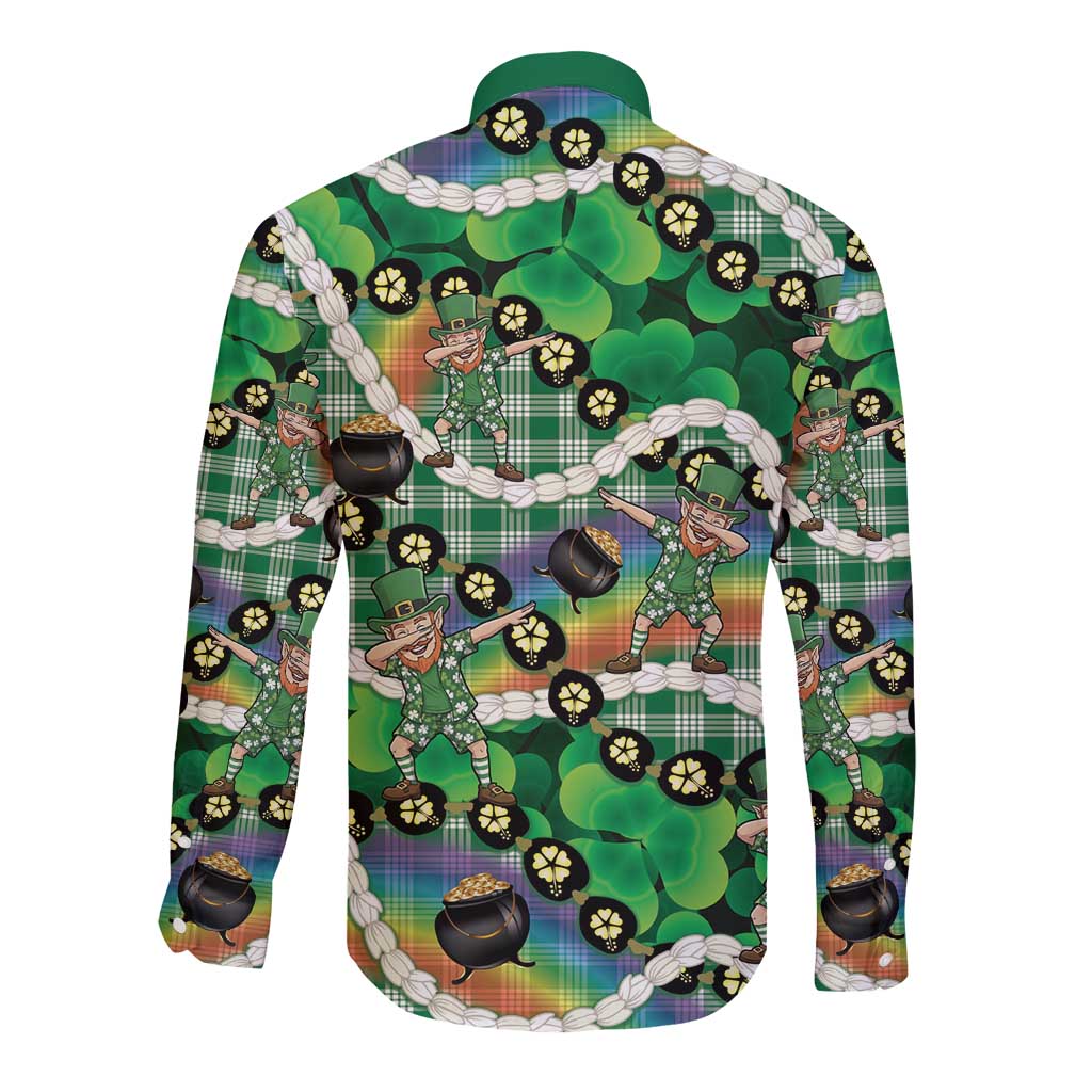 St Patrick's Day Palaka Hawaii Long Sleeve Button Shirt Kukui Nut Pikake Lei Shamrock Dabbing Leprechaun