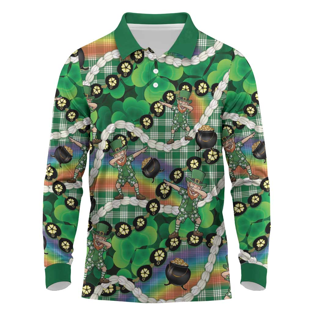 St Patrick's Day Palaka Hawaii Long Sleeve Polo Shirt Kukui Nut Pikake Lei Shamrock Dabbing Leprechaun LT14 Green - Polynesian Pride