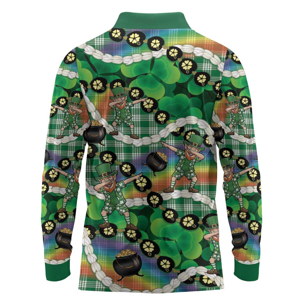 St Patrick's Day Palaka Hawaii Long Sleeve Polo Shirt Kukui Nut Pikake Lei Shamrock Dabbing Leprechaun LT14 - Polynesian Pride