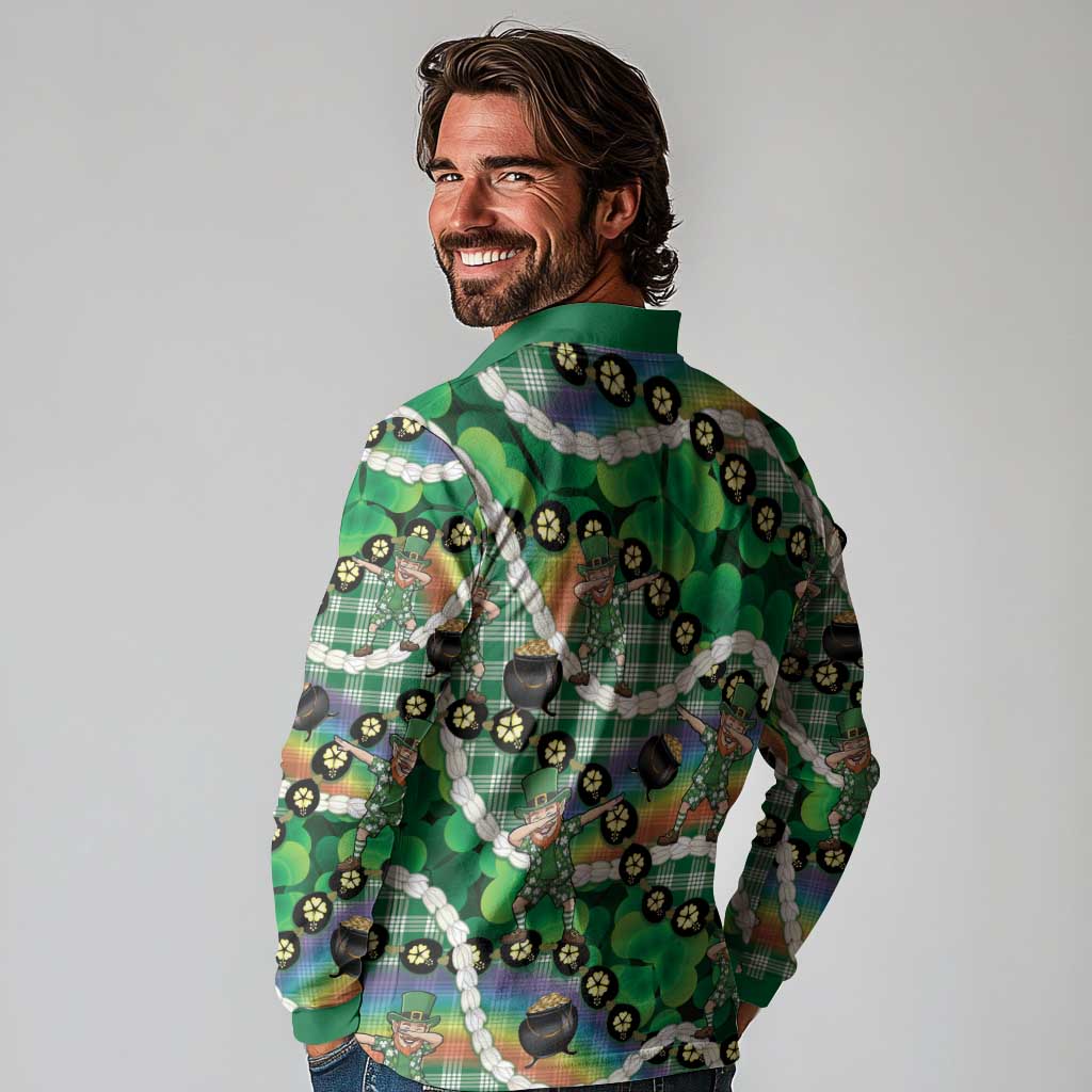 St Patrick's Day Palaka Hawaii Long Sleeve Polo Shirt Kukui Nut Pikake Lei Shamrock Dabbing Leprechaun LT14 - Polynesian Pride
