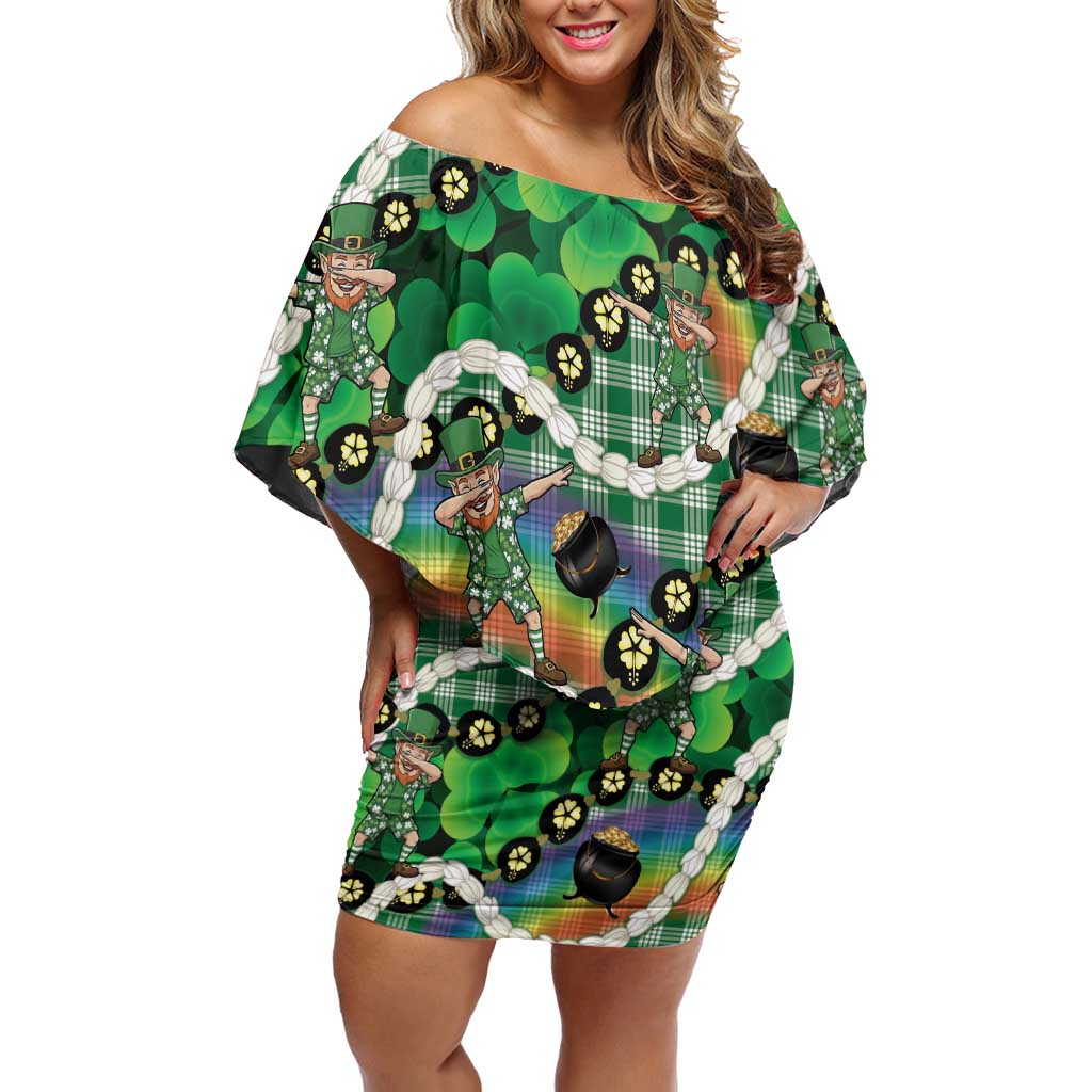 St Patrick's Day Palaka Hawaii Off Shoulder Short Dress Kukui Nut Pikake Lei Shamrock Dabbing Leprechaun LT14 Women Green - Polynesian Pride