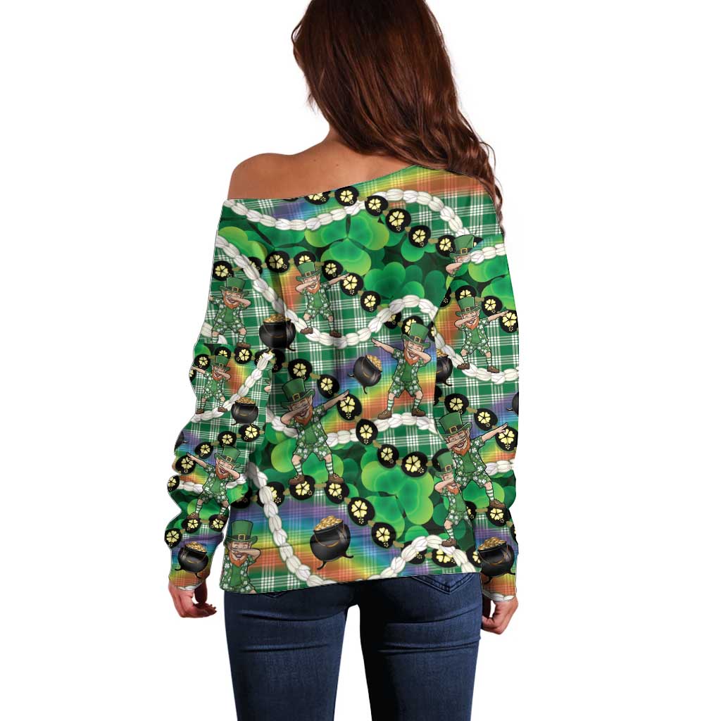 St Patrick's Day Palaka Hawaii Off Shoulder Sweater Kukui Nut Pikake Lei Shamrock Dabbing Leprechaun