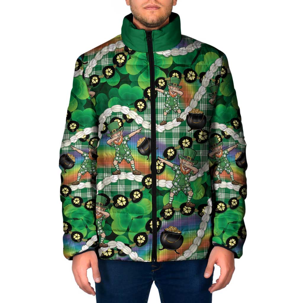 St Patrick's Day Palaka Hawaii Padded Jacket Kukui Nut Pikake Lei Shamrock Dabbing Leprechaun