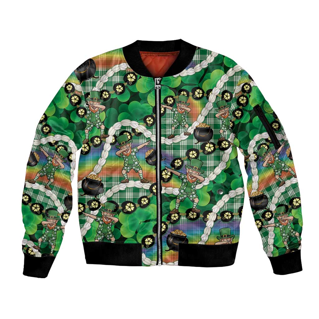 St Patrick's Day Palaka Hawaii Sleeve Zip Bomber Jacket Kukui Nut Pikake Lei Shamrock Dabbing Leprechaun