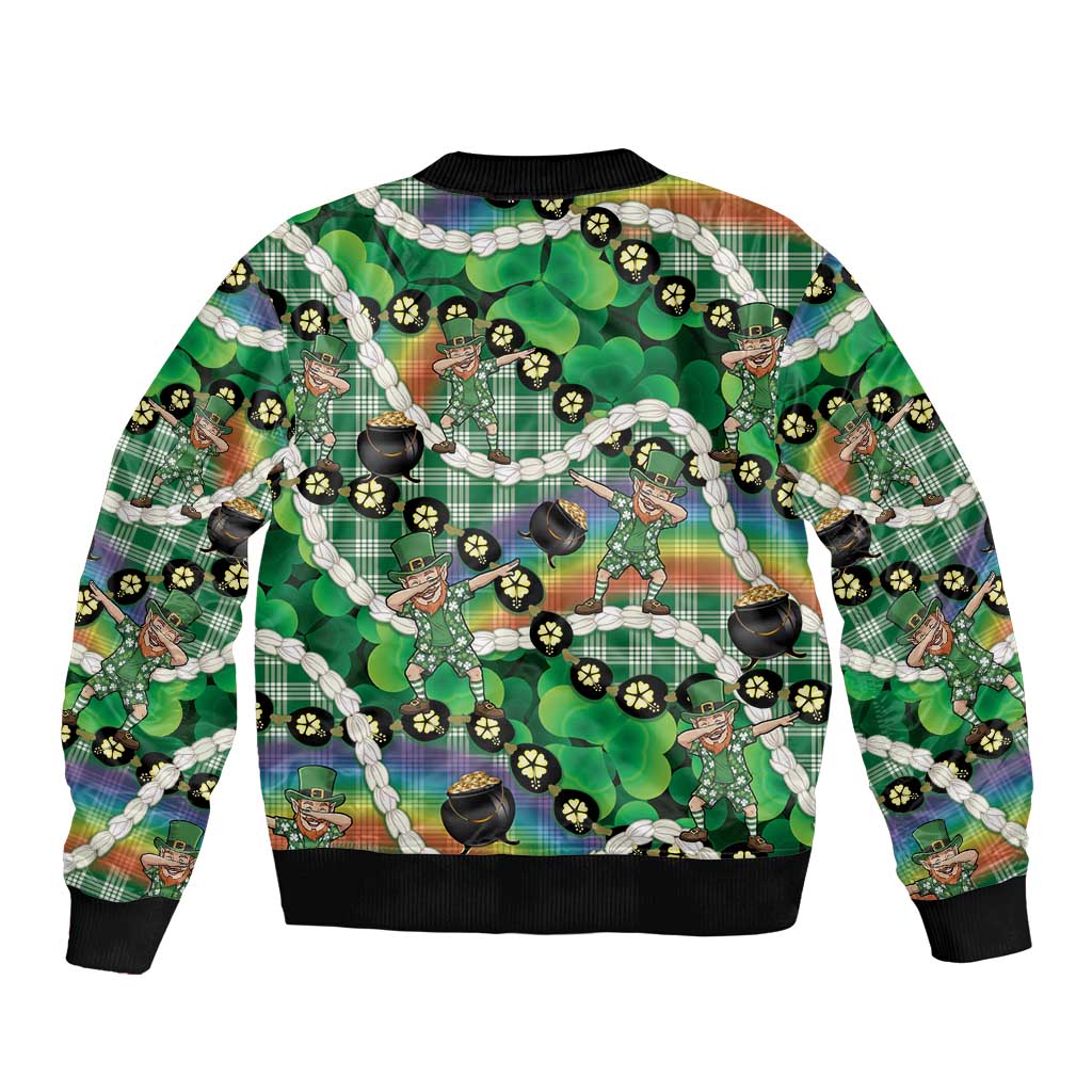 St Patrick's Day Palaka Hawaii Sleeve Zip Bomber Jacket Kukui Nut Pikake Lei Shamrock Dabbing Leprechaun