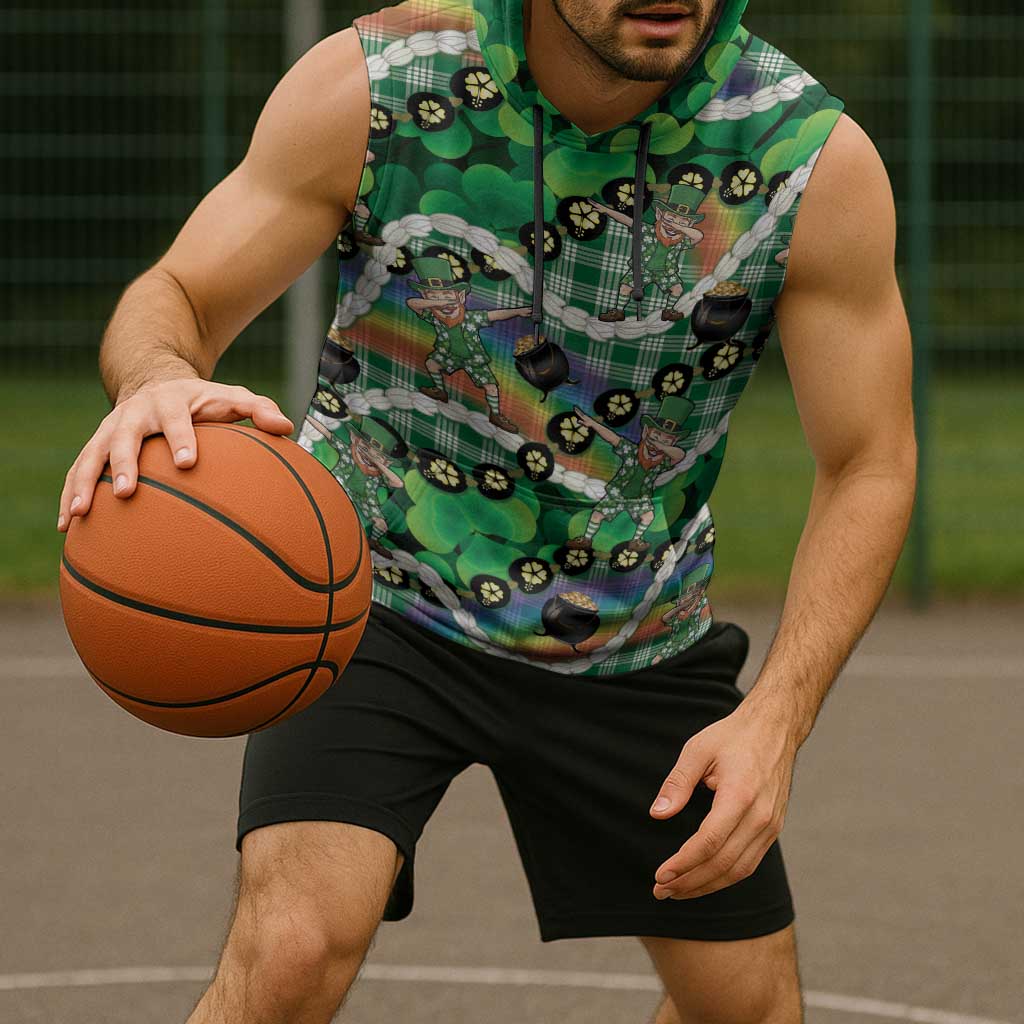 St Patrick's Day Palaka Hawaii Sleeveless Hoodie Kukui Nut Pikake Lei Shamrock Dabbing Leprechaun