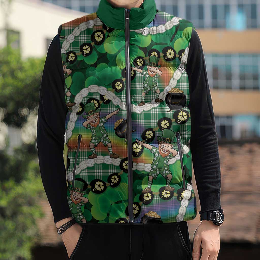 St Patrick's Day Palaka Hawaii Sleeveless Puffer Jacket Kukui Nut Pikake Lei Shamrock Dabbing Leprechaun