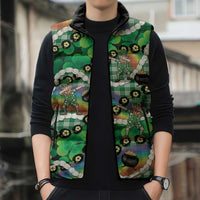 St Patrick's Day Palaka Hawaii Sleeveless Puffer Jacket Kukui Nut Pikake Lei Shamrock Dabbing Leprechaun