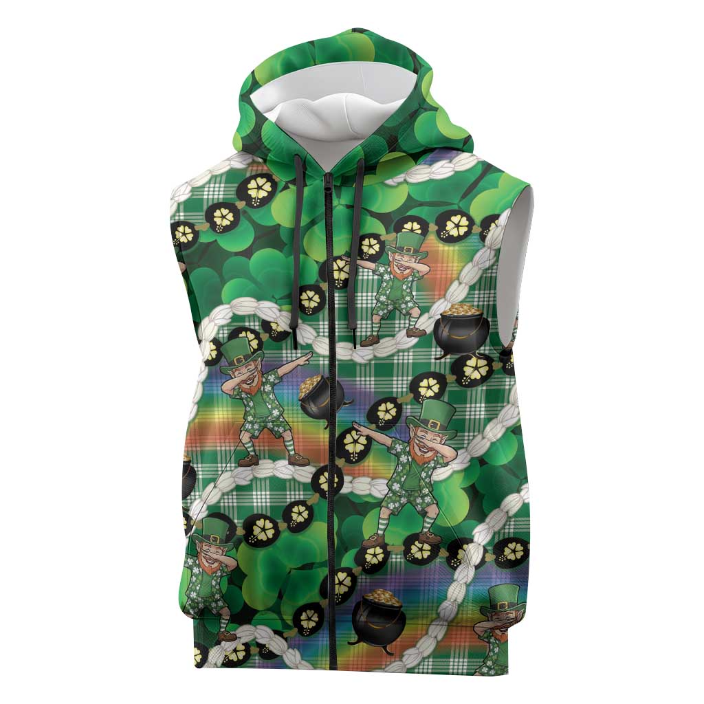 St Patrick's Day Palaka Hawaii Sleeveless Zip Hoodie Kukui Nut Pikake Lei Shamrock Dabbing Leprechaun LT14 Green - Polynesian Pride