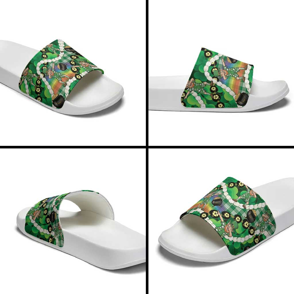 St Patrick's Day Palaka Hawaii Slide Sandals Kukui Nut Pikake Lei Shamrock Dabbing Leprechaun