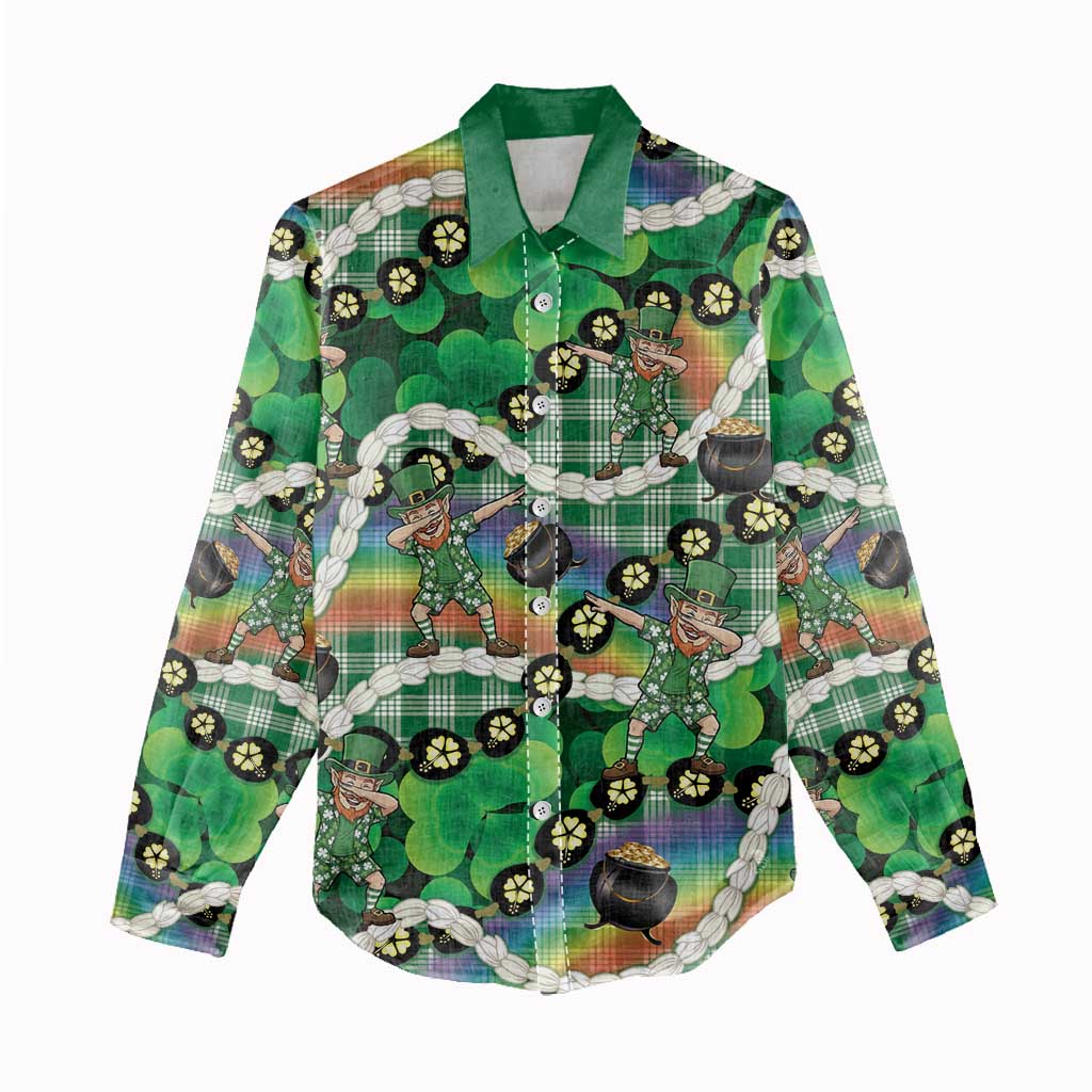 St Patrick's Day Palaka Hawaii Women Casual Shirt Kukui Nut Pikake Lei Shamrock Dabbing Leprechaun