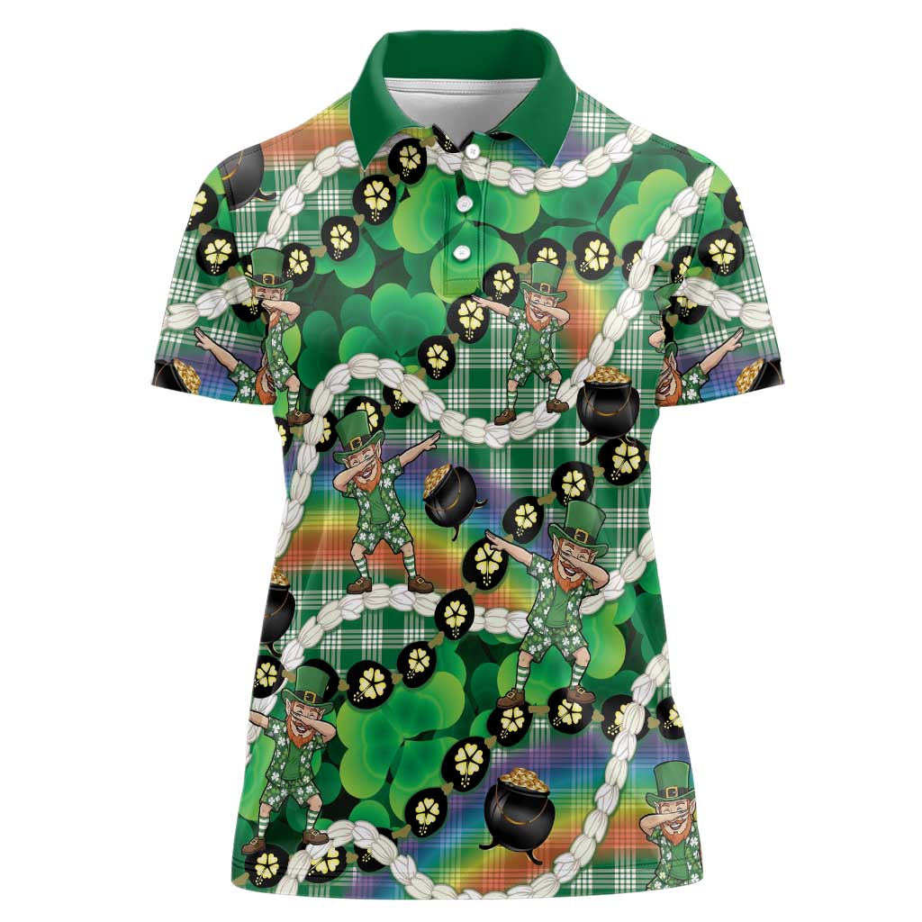 St Patrick's Day Palaka Hawaii Women Polo Shirt Kukui Nut Pikake Lei Shamrock Dabbing Leprechaun