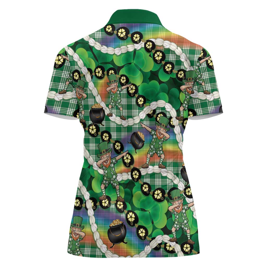 St Patrick's Day Palaka Hawaii Women Polo Shirt Kukui Nut Pikake Lei Shamrock Dabbing Leprechaun
