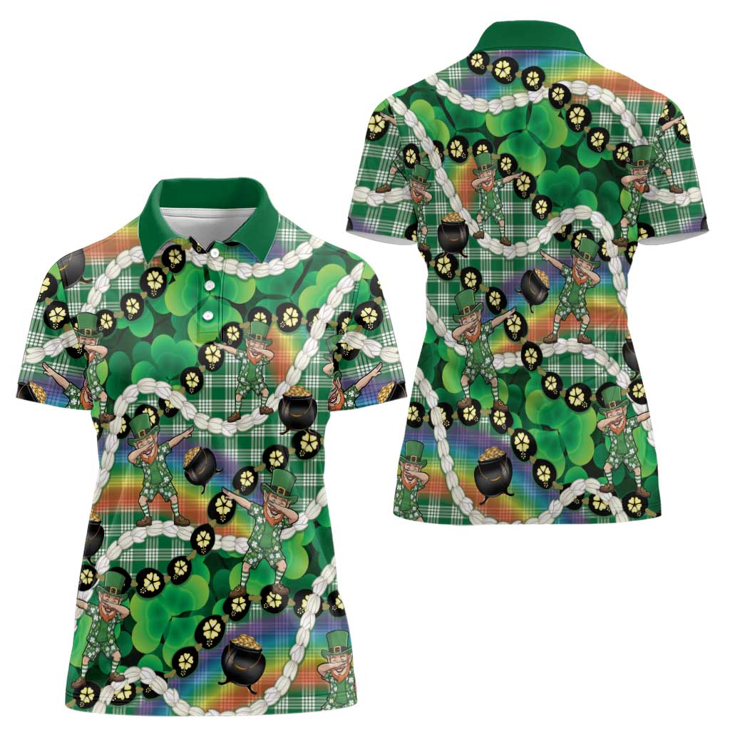 St Patrick's Day Palaka Hawaii Women Polo Shirt Kukui Nut Pikake Lei Shamrock Dabbing Leprechaun