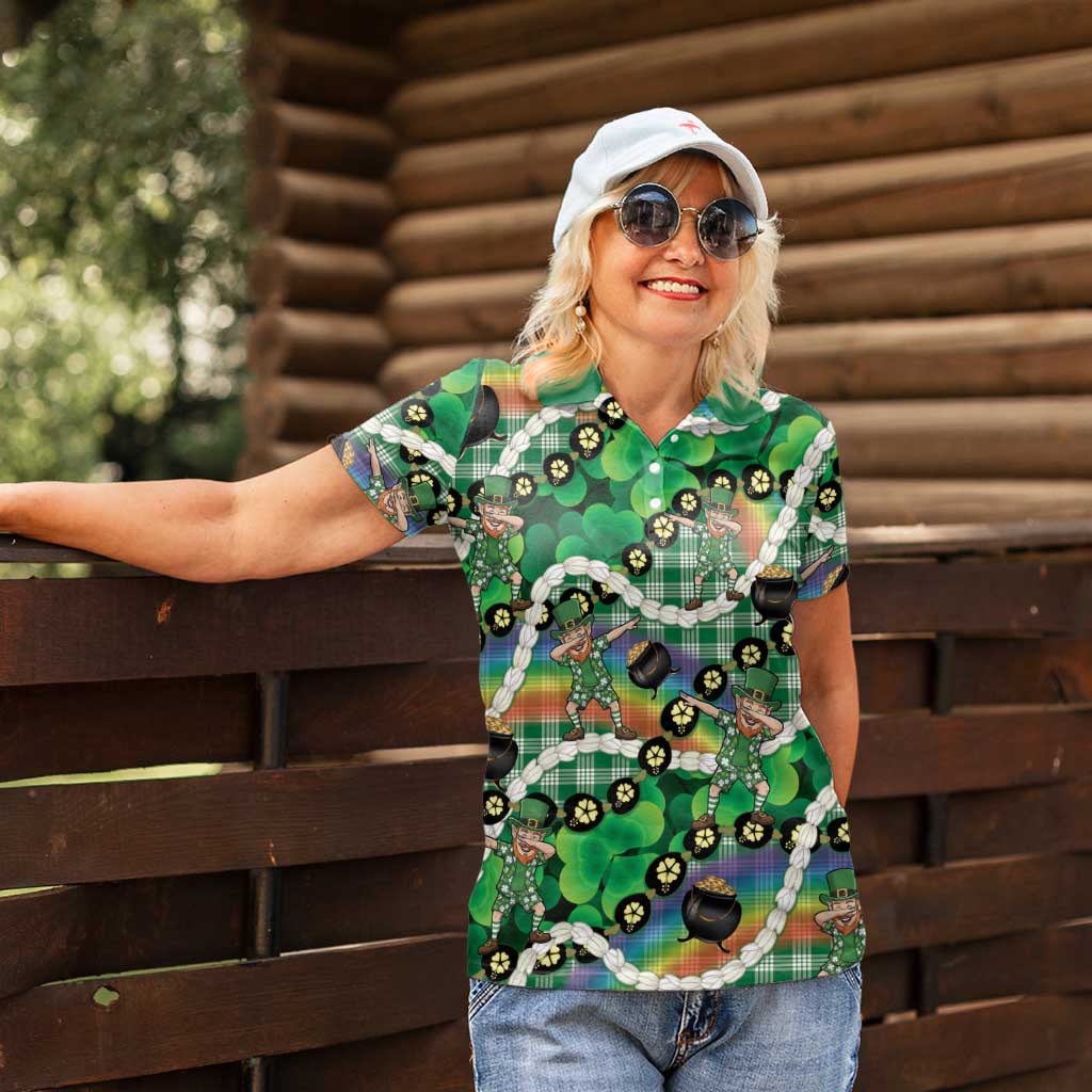 St Patrick's Day Palaka Hawaii Women Polo Shirt Kukui Nut Pikake Lei Shamrock Dabbing Leprechaun