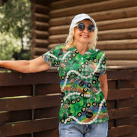 St Patrick's Day Palaka Hawaii Women Polo Shirt Kukui Nut Pikake Lei Shamrock Dabbing Leprechaun