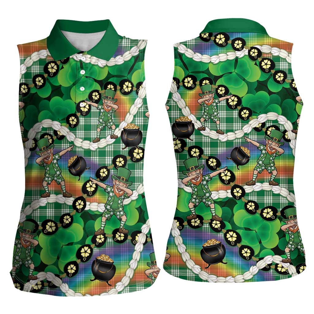 St Patrick's Day Palaka Hawaii Women Sleeveless Polo Shirt Kukui Nut Pikake Lei Shamrock Dabbing Leprechaun