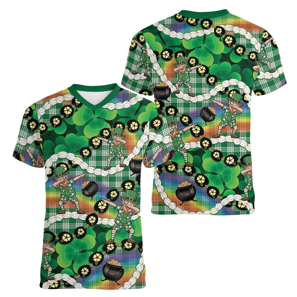 St Patrick's Day Palaka Hawaii Women V-Neck T-Shirt Kukui Nut Pikake Lei Shamrock Dabbing Leprechaun