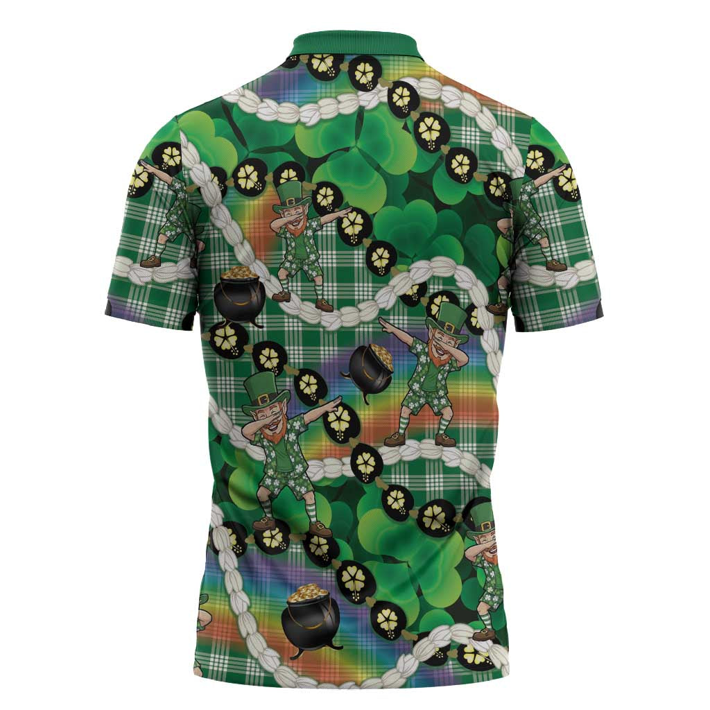 St Patrick's Day Palaka Hawaii Zipper Polo Shirt Kukui Nut Pikake Lei Shamrock Dabbing Leprechaun