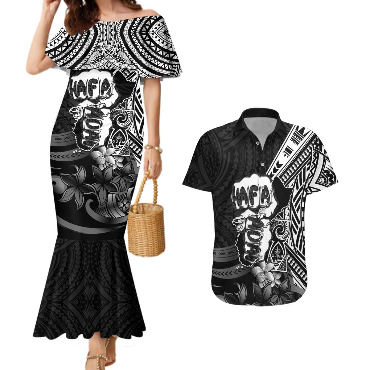 Hafa Adai Guam Discovery Day Couples Matching Mermaid Dress and Hawaiian Shirt Chamorro Latte Stone Hand Black Version