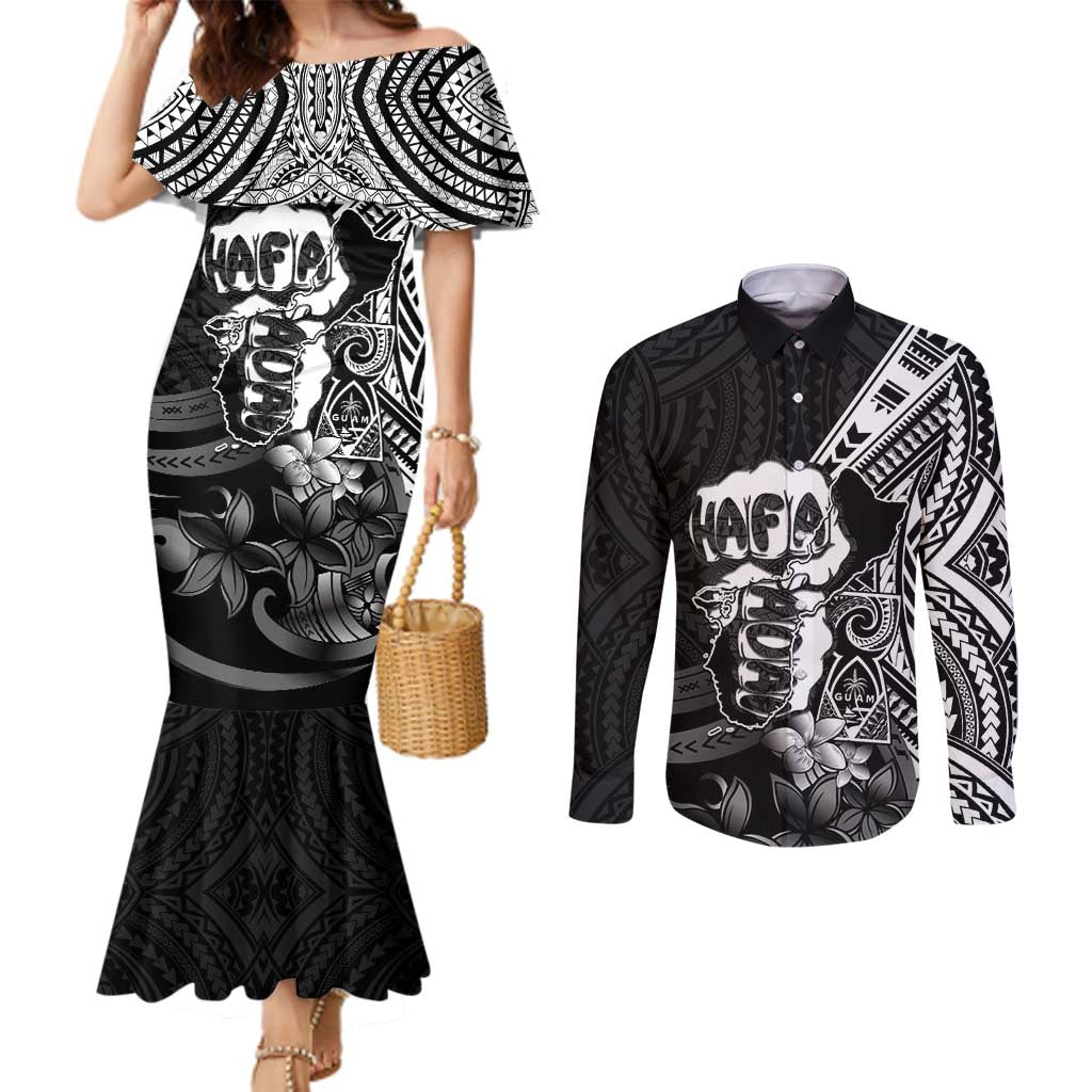 Hafa Adai Guam Discovery Day Couples Matching Mermaid Dress and Long Sleeve Button Shirt Chamorro Latte Stone Hand Black Version LT14 Black - Polynesian Pride