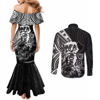 Hafa Adai Guam Discovery Day Couples Matching Mermaid Dress and Long Sleeve Button Shirt Chamorro Latte Stone Hand Black Version LT14 - Polynesian Pride