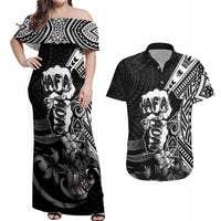 Hafa Adai Guam Discovery Day Couples Matching Off Shoulder Maxi Dress and Hawaiian Shirt Chamorro Latte Stone Hand Black Version