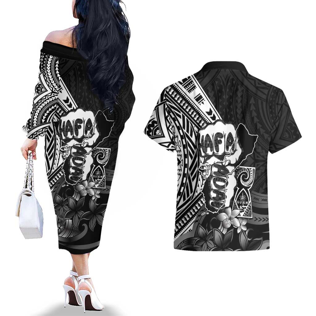 Hafa Adai Guam Discovery Day Couples Matching Off The Shoulder Long Sleeve Dress and Hawaiian Shirt Chamorro Latte Stone Hand Black Version