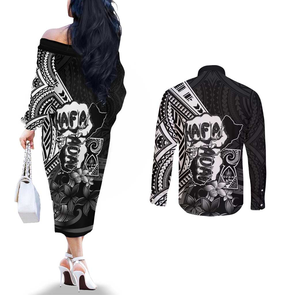 Hafa Adai Guam Discovery Day Couples Matching Off The Shoulder Long Sleeve Dress and Long Sleeve Button Shirt Chamorro Latte Stone Hand Black Version
