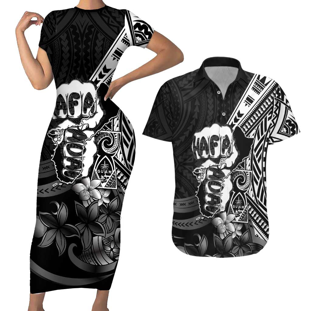 Hafa Adai Guam Discovery Day Couples Matching Short Sleeve Bodycon Dress and Hawaiian Shirt Chamorro Latte Stone Hand Black Version