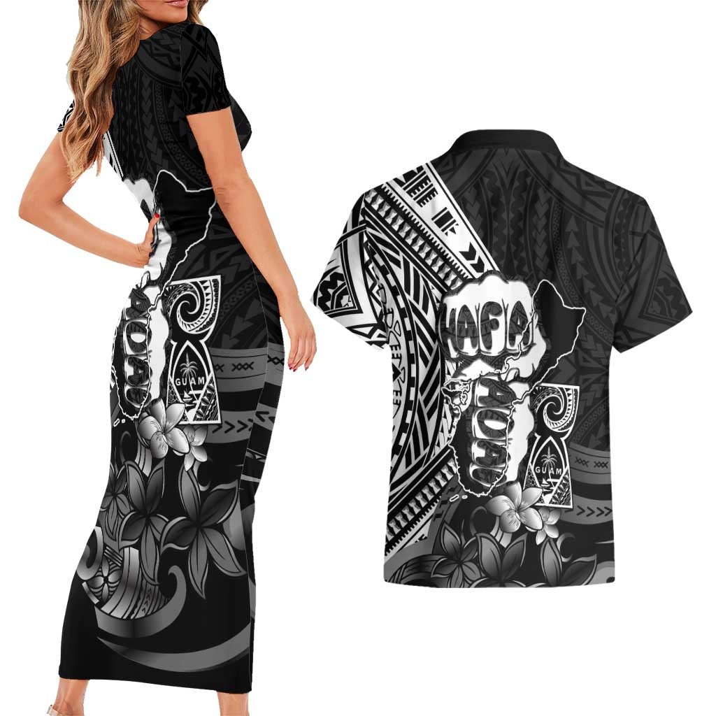 Hafa Adai Guam Discovery Day Couples Matching Short Sleeve Bodycon Dress and Hawaiian Shirt Chamorro Latte Stone Hand Black Version