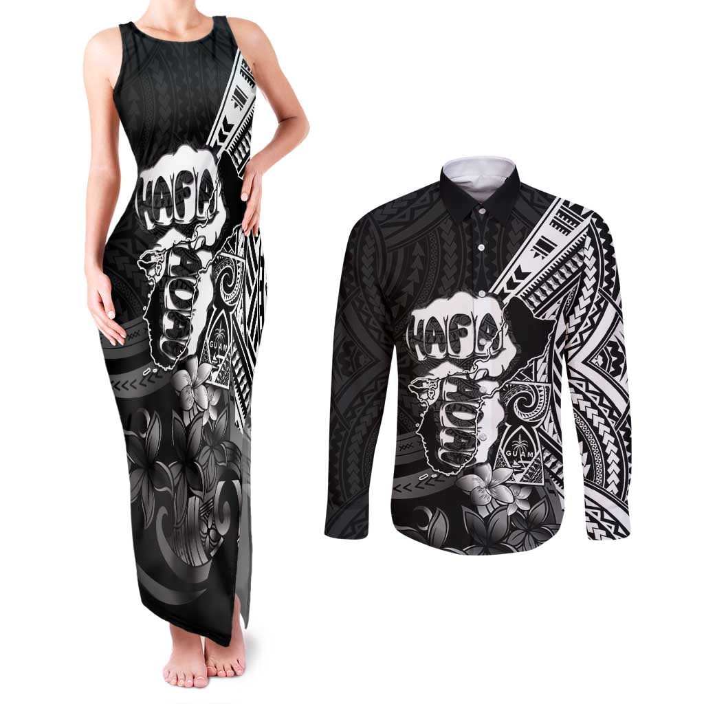Hafa Adai Guam Discovery Day Couples Matching Tank Maxi Dress and Long Sleeve Button Shirt Chamorro Latte Stone Hand Black Version LT14 Black - Polynesian Pride