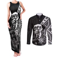 Hafa Adai Guam Discovery Day Couples Matching Tank Maxi Dress and Long Sleeve Button Shirt Chamorro Latte Stone Hand Black Version LT14 Black - Polynesian Pride