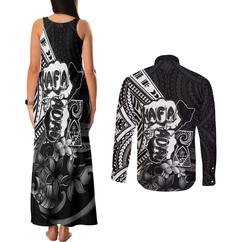 Hafa Adai Guam Discovery Day Couples Matching Tank Maxi Dress and Long Sleeve Button Shirt Chamorro Latte Stone Hand Black Version LT14 - Polynesian Pride