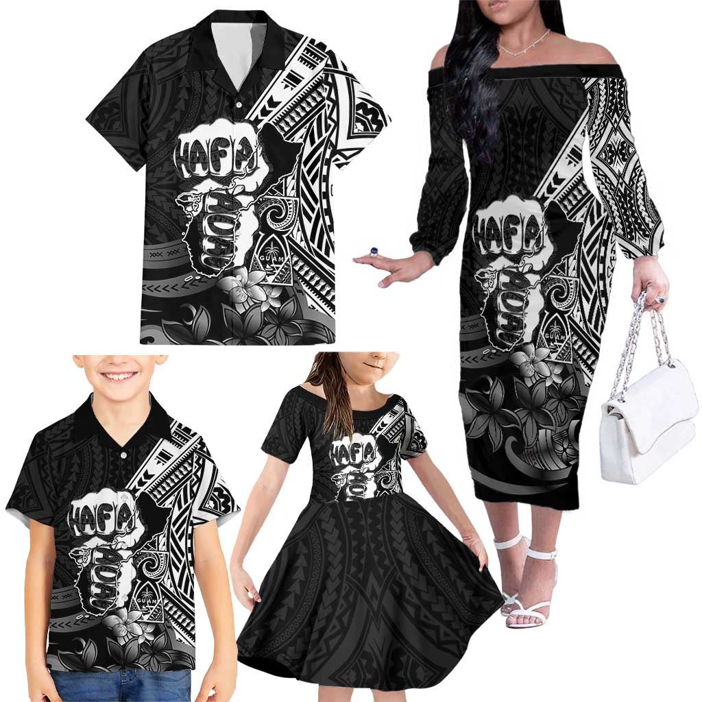 Hafa Adai Guam Discovery Day Family Matching Off The Shoulder Long Sleeve Dress and Hawaiian Shirt Chamorro Latte Stone Hand Black Version
