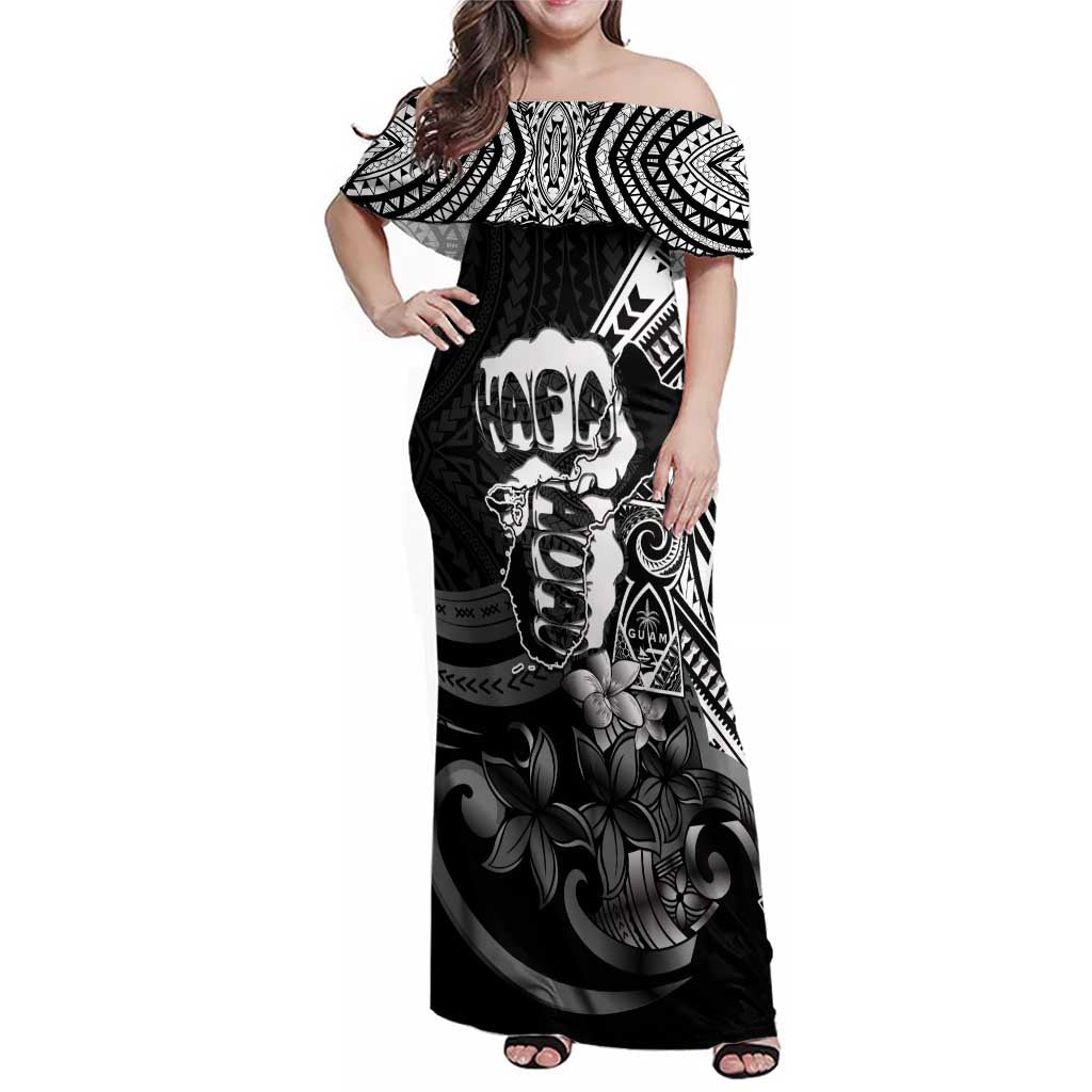 Hafa Adai Guam Discovery Day Family Matching Off Shoulder Maxi Dress and Hawaiian Shirt Chamorro Latte Stone Hand Black Version