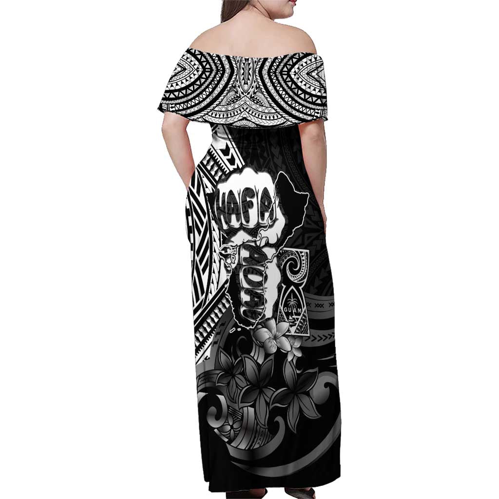 Hafa Adai Guam Discovery Day Family Matching Off Shoulder Maxi Dress and Hawaiian Shirt Chamorro Latte Stone Hand Black Version