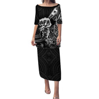 Hafa Adai Guam Discovery Day Family Matching Puletasi and Hawaiian Shirt Chamorro Latte Stone Hand Black Version