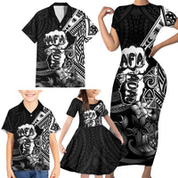 Hafa Adai Guam Discovery Day Family Matching Short Sleeve Bodycon Dress and Hawaiian Shirt Chamorro Latte Stone Hand Black Version LT14 - Polynesian Pride