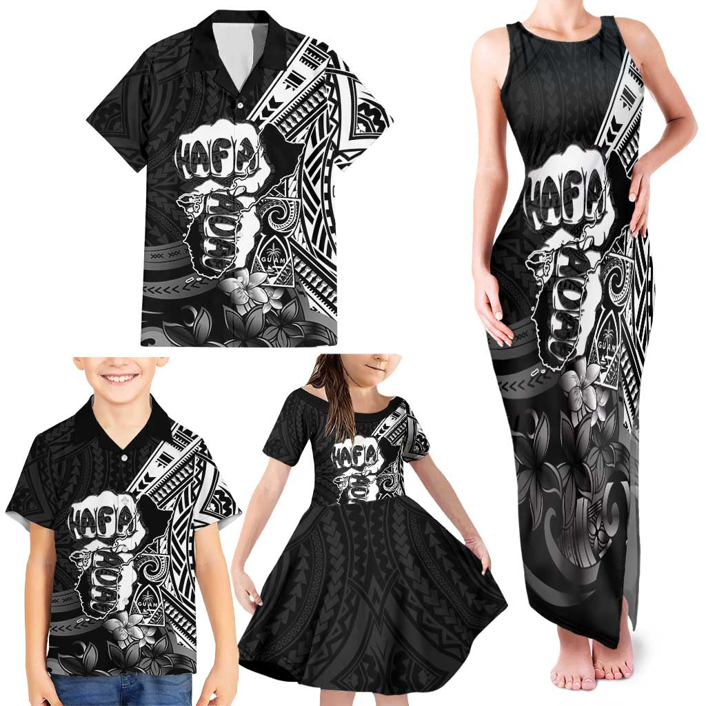 Hafa Adai Guam Discovery Day Family Matching Tank Maxi Dress and Hawaiian Shirt Chamorro Latte Stone Hand Black Version