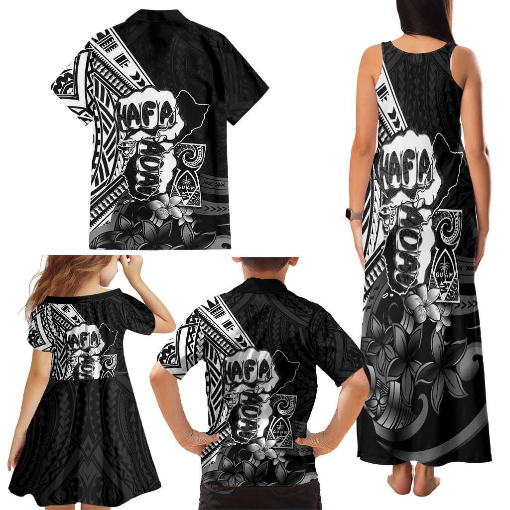 Hafa Adai Guam Discovery Day Family Matching Tank Maxi Dress and Hawaiian Shirt Chamorro Latte Stone Hand Black Version