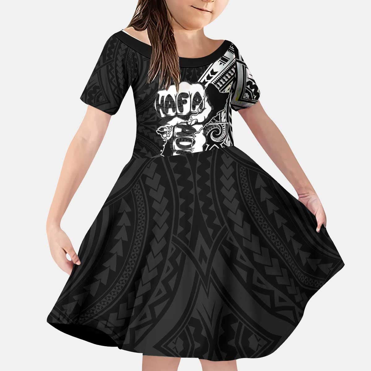 Hafa Adai Guam Discovery Day Kid Short Sleeve Dress Chamorro Latte Stone Hand Black Version LT14 KID Black - Polynesian Pride