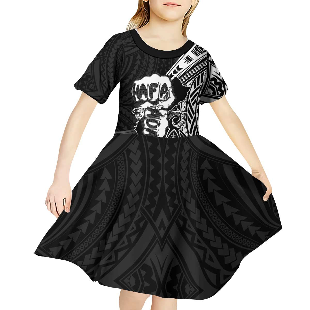 Hafa Adai Guam Discovery Day Kid Short Sleeve Dress Chamorro Latte Stone Hand Black Version LT14 - Polynesian Pride