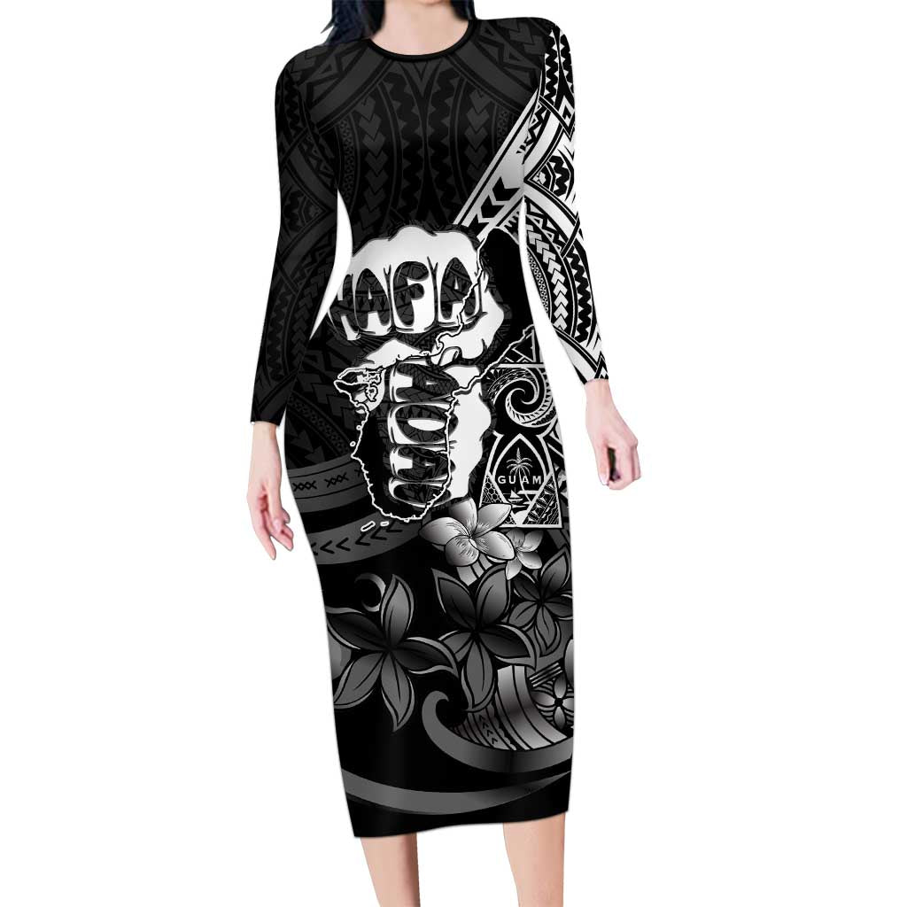 Hafa Adai Guam Discovery Day Long Sleeve Bodycon Dress Chamorro Latte Stone Hand Black Version LT14 Long Dress Black - Polynesian Pride