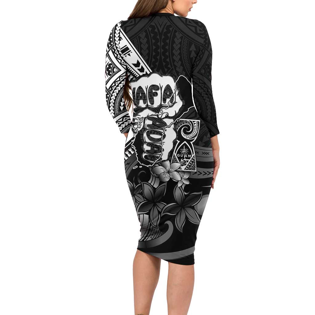 Hafa Adai Guam Discovery Day Long Sleeve Bodycon Dress Chamorro Latte Stone Hand Black Version LT14 - Polynesian Pride
