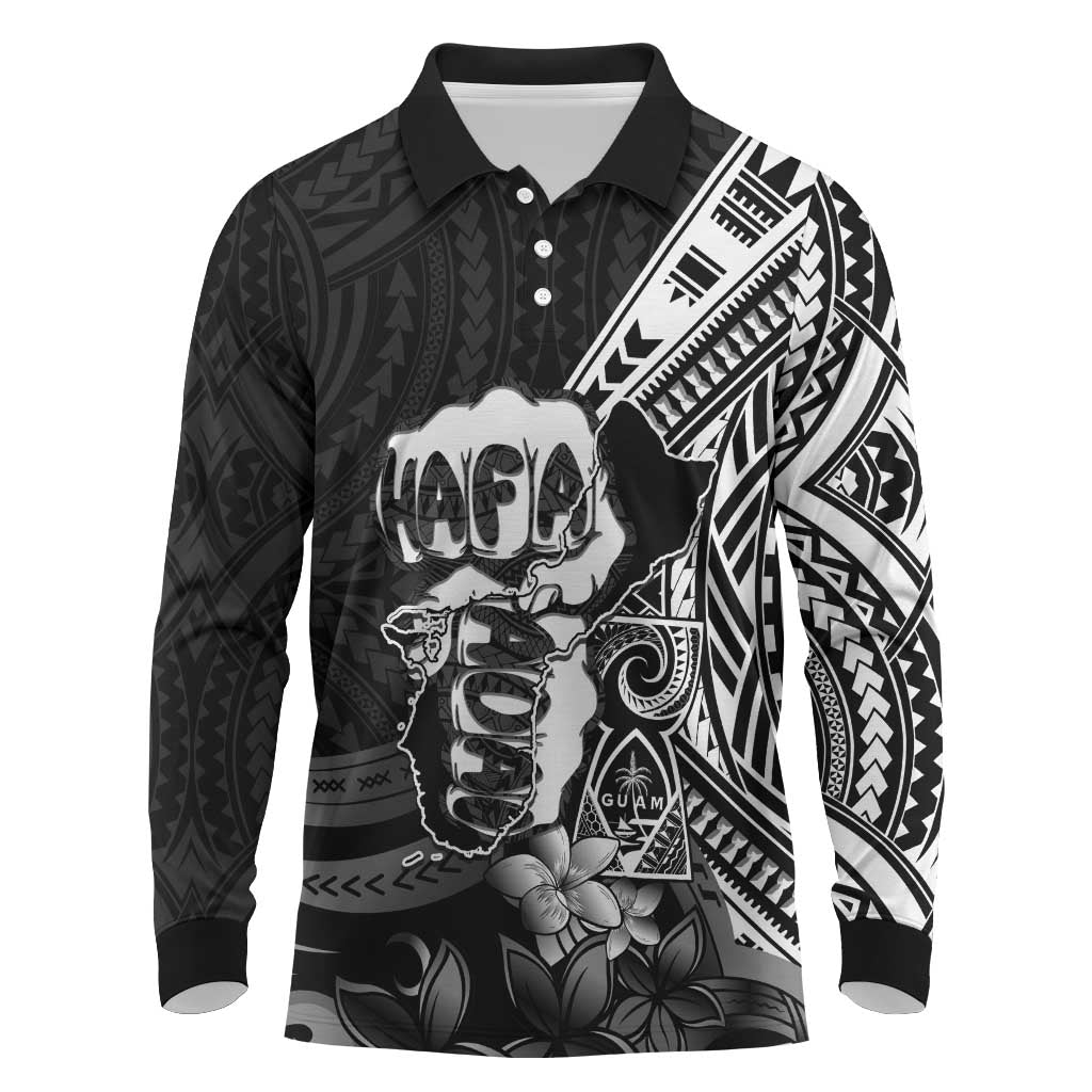 Hafa Adai Guam Discovery Day Long Sleeve Polo Shirt Chamorro Latte Stone Hand Black Version