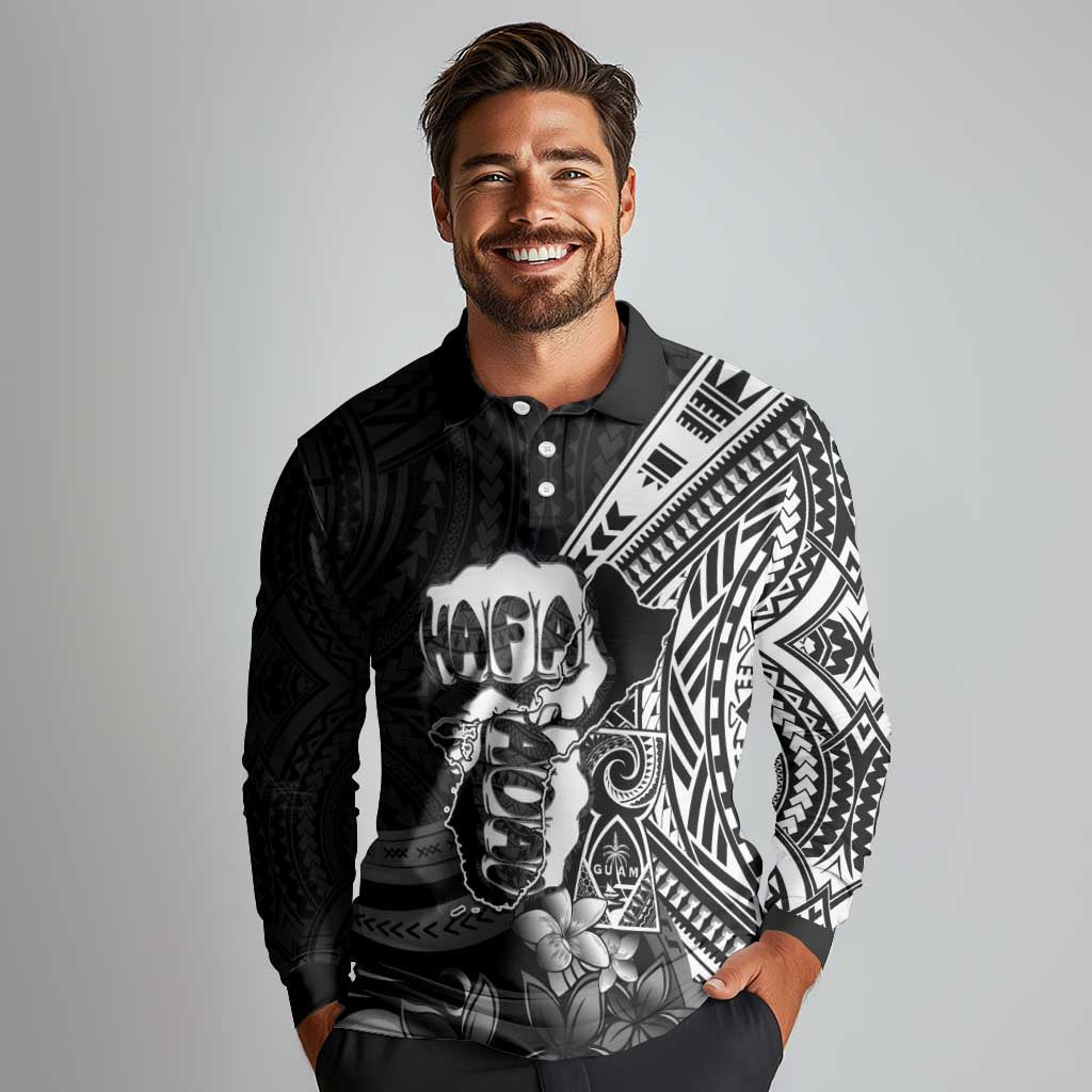 Hafa Adai Guam Discovery Day Long Sleeve Polo Shirt Chamorro Latte Stone Hand Black Version